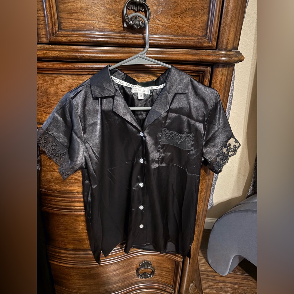 Rachel Zoe Black Satin Shirt with Lace Details Pajama Set NWT
